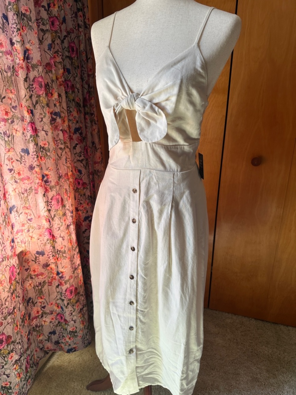 Express Cream Button-Front Tie Midi Skirt